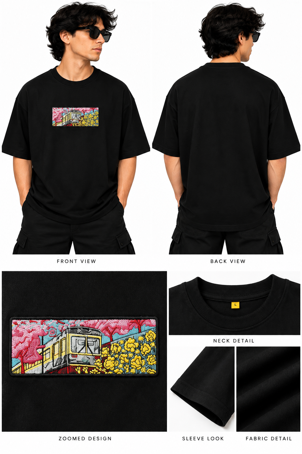 Japanese train scenery embroidered tshirt