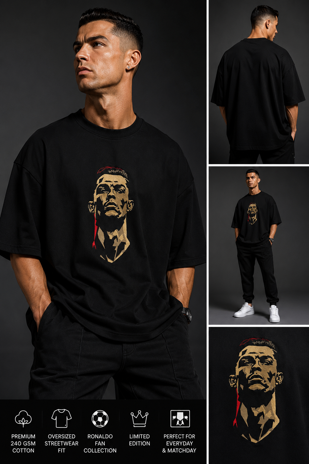 Ronaldo embroidered portrait black tshirt