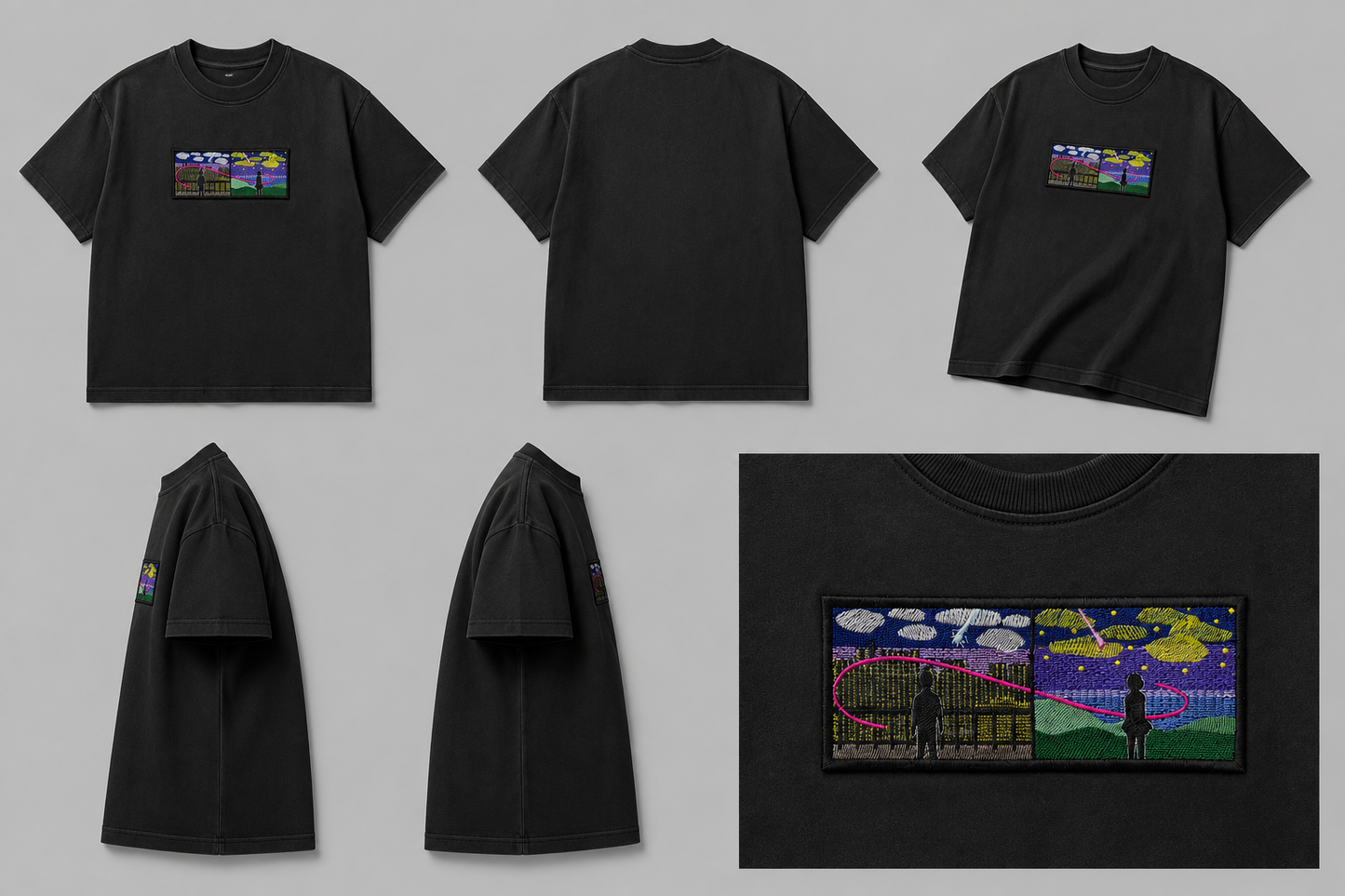 Scenery embroidered oversized black tshirt