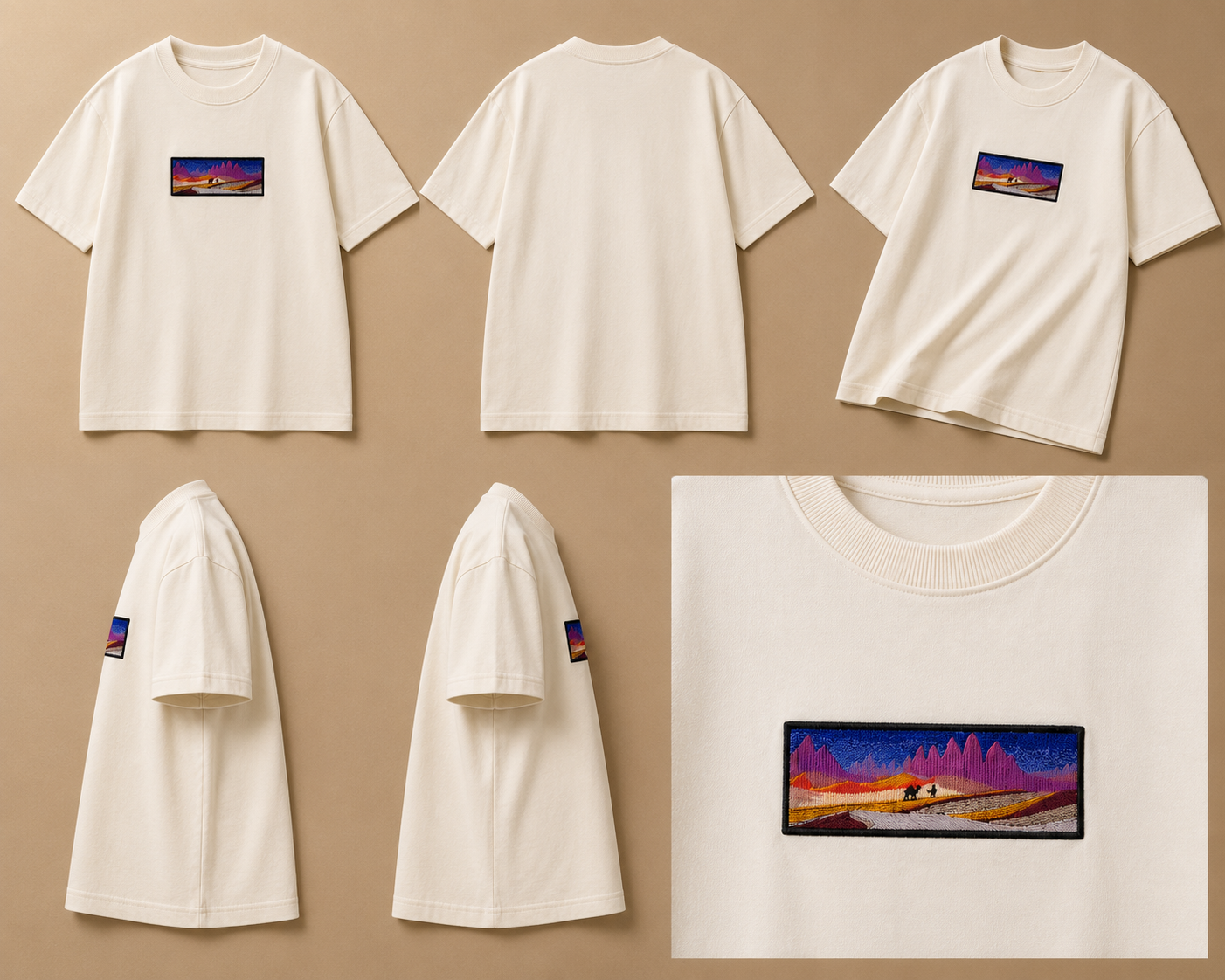 Desert scenery oversized embroidered light beige T-shirt