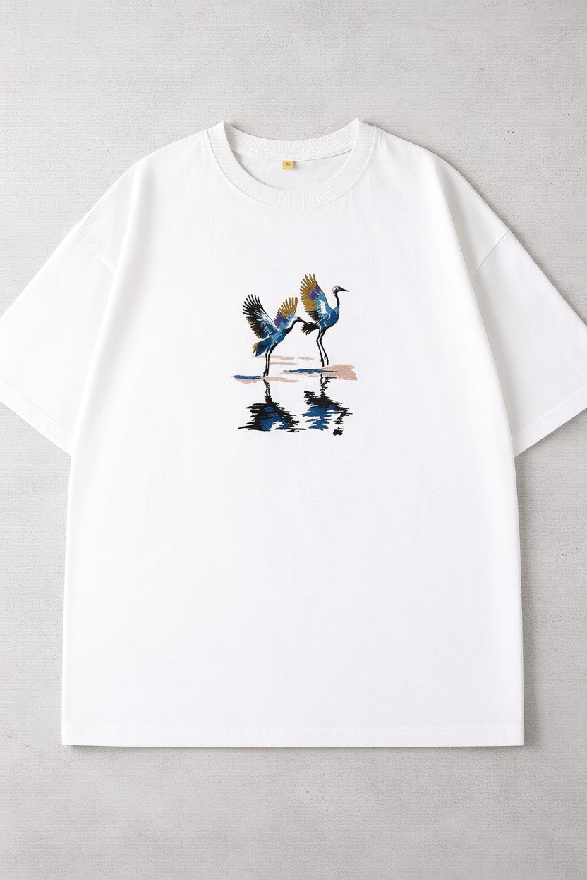 CRANES OVERSIZED EMBROIDERY WHITE TSHIRT