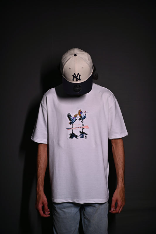 CRANES OVERSIZED EMBROIDERY WHITE TSHIRT