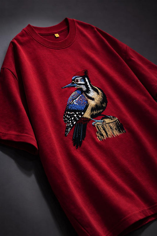 WOODPECKER RED EMBROIDERY OVERSIZED TSHIRT