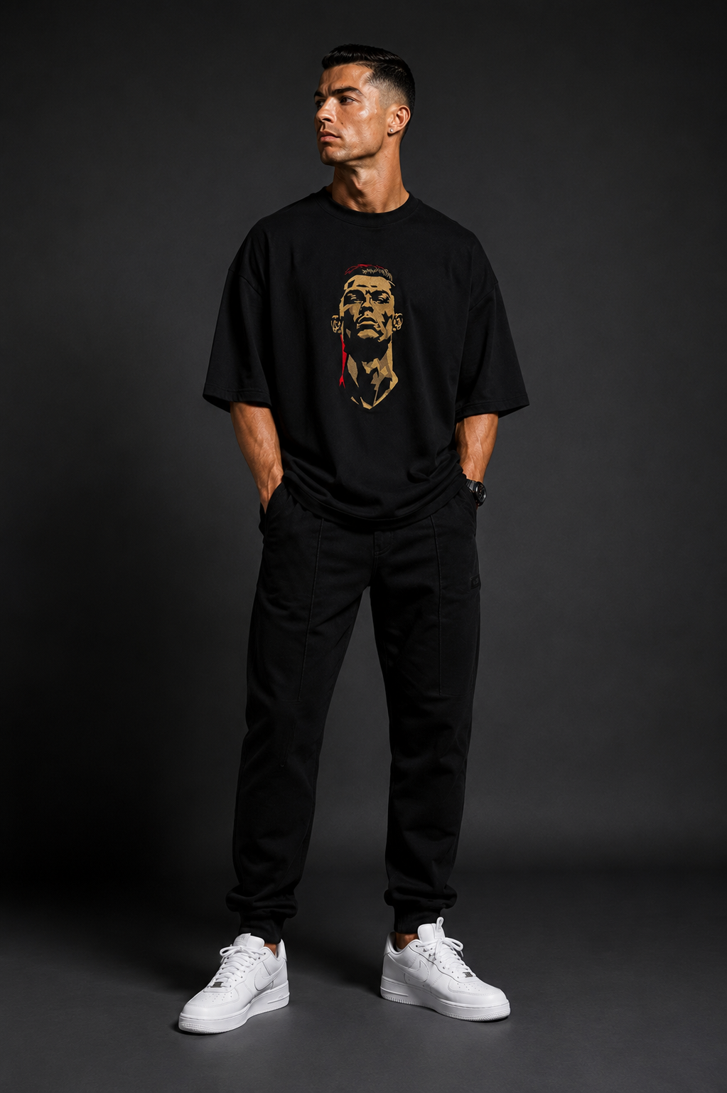 Ronaldo embroidered portrait black tshirt