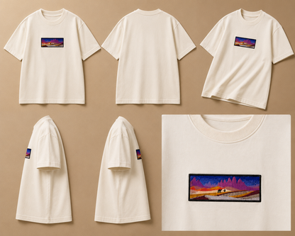 Desert scenery oversized embroidered light beige T-shirt