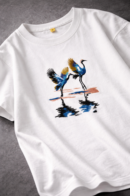 CRANES OVERSIZED EMBROIDERY WHITE TSHIRT
