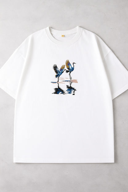 CRANES OVERSIZED EMBROIDERY WHITE TSHIRT