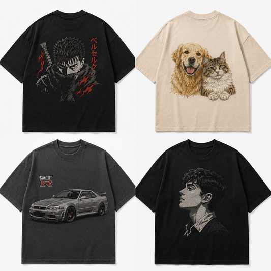 Custom Design Embroidery Oversized T-shirt ( Anime , portrait , pets , cars etc )
