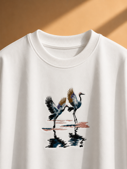 CRANES OVERSIZED EMBROIDERY WHITE TSHIRT