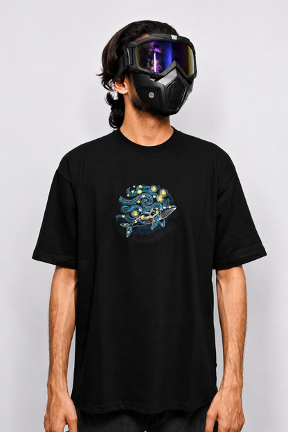 Whale embroidered black oversized t-shirt