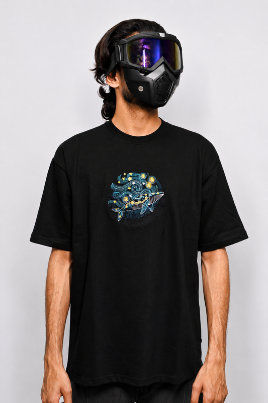 Whale embroidered black oversized t-shirt