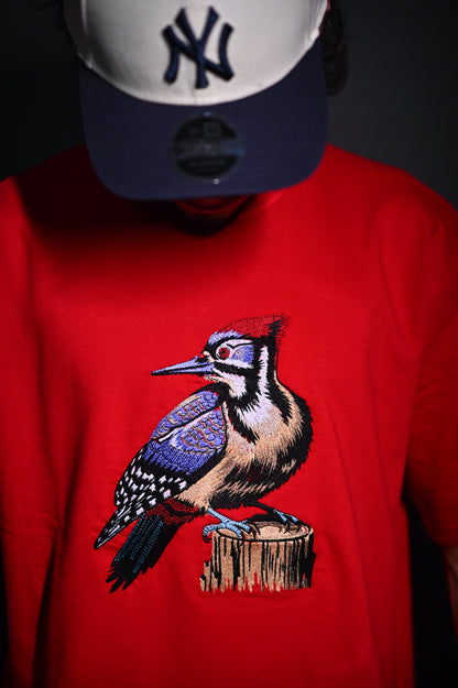 WOODPECKER RED EMBROIDERY OVERSIZED TSHIRT