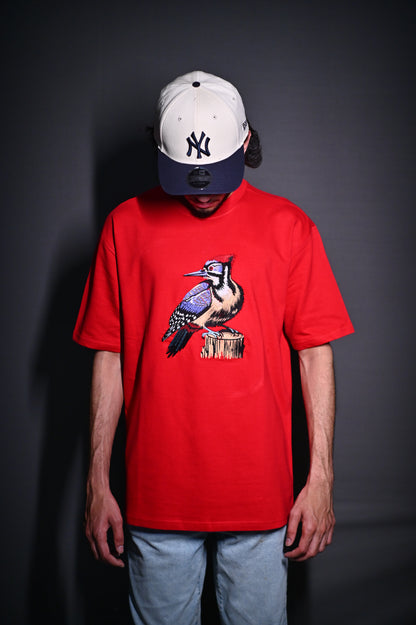 WOODPECKER RED EMBROIDERY OVERSIZED TSHIRT