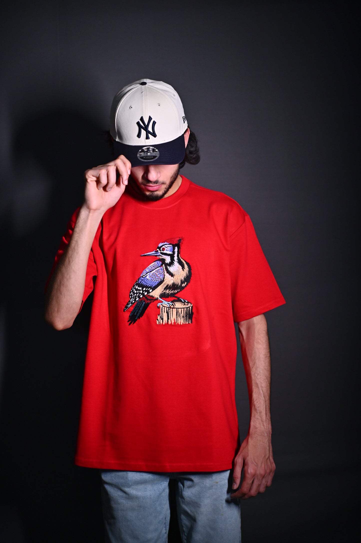 WOODPECKER RED EMBROIDERY OVERSIZED TSHIRT