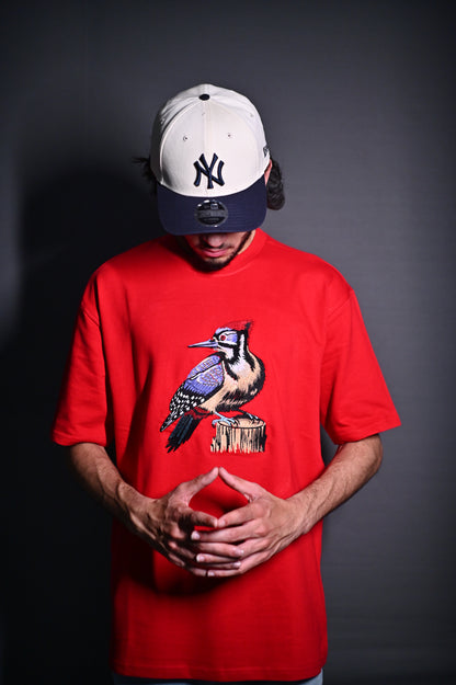 WOODPECKER RED EMBROIDERY OVERSIZED TSHIRT