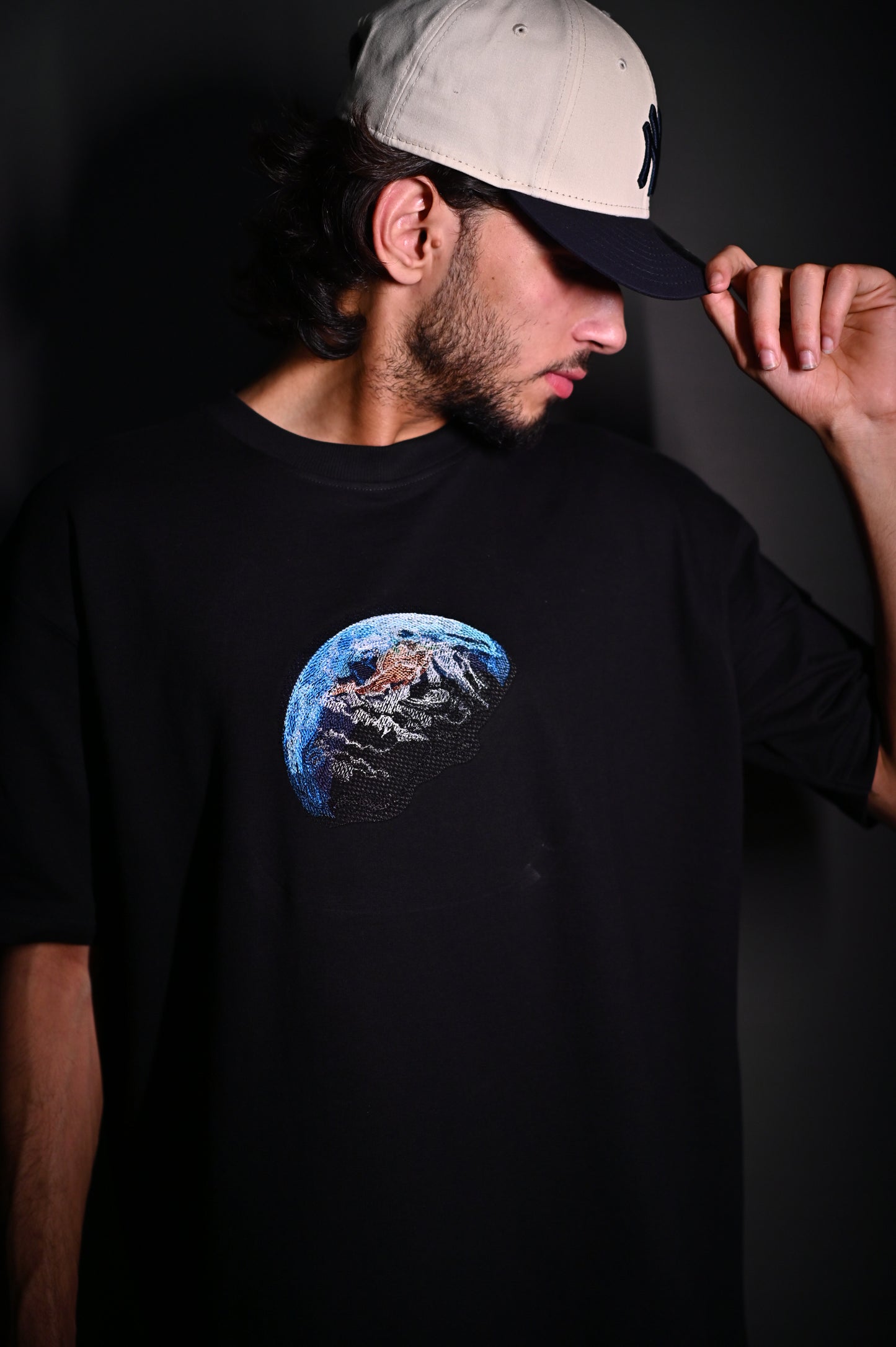DOWN TO EARTH BLACK EMBROIDERY OVERSIZED TSHIRT
