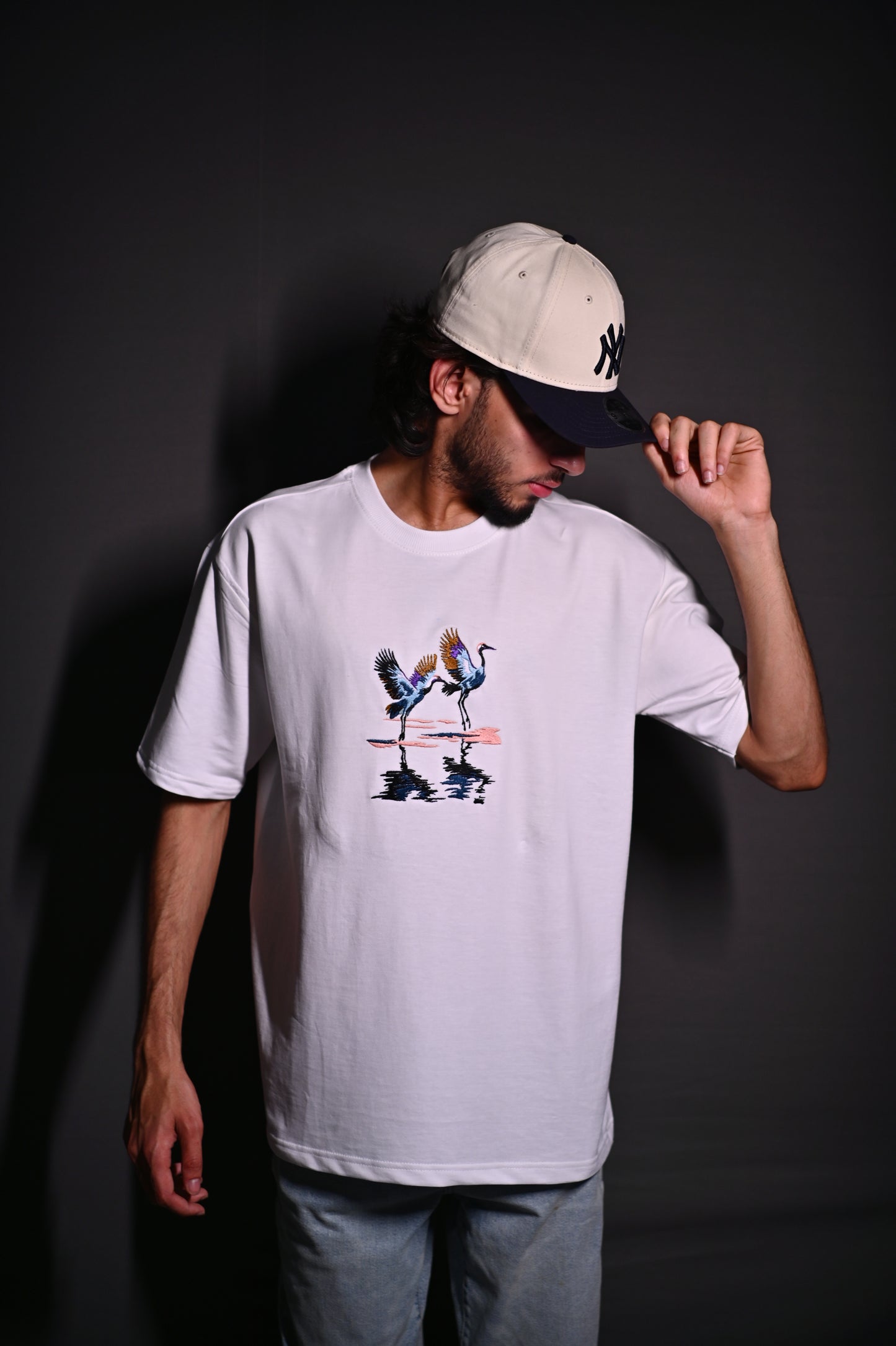 CRANES OVERSIZED EMBROIDERY WHITE TSHIRT