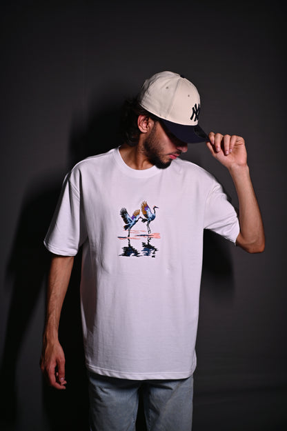 CRANES OVERSIZED EMBROIDERY WHITE TSHIRT