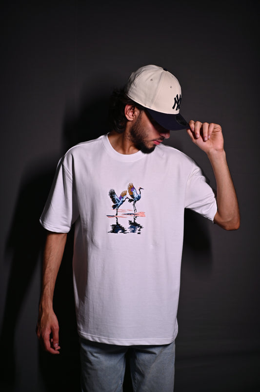CRANES OVERSIZED EMBROIDERY WHITE TSHIRT