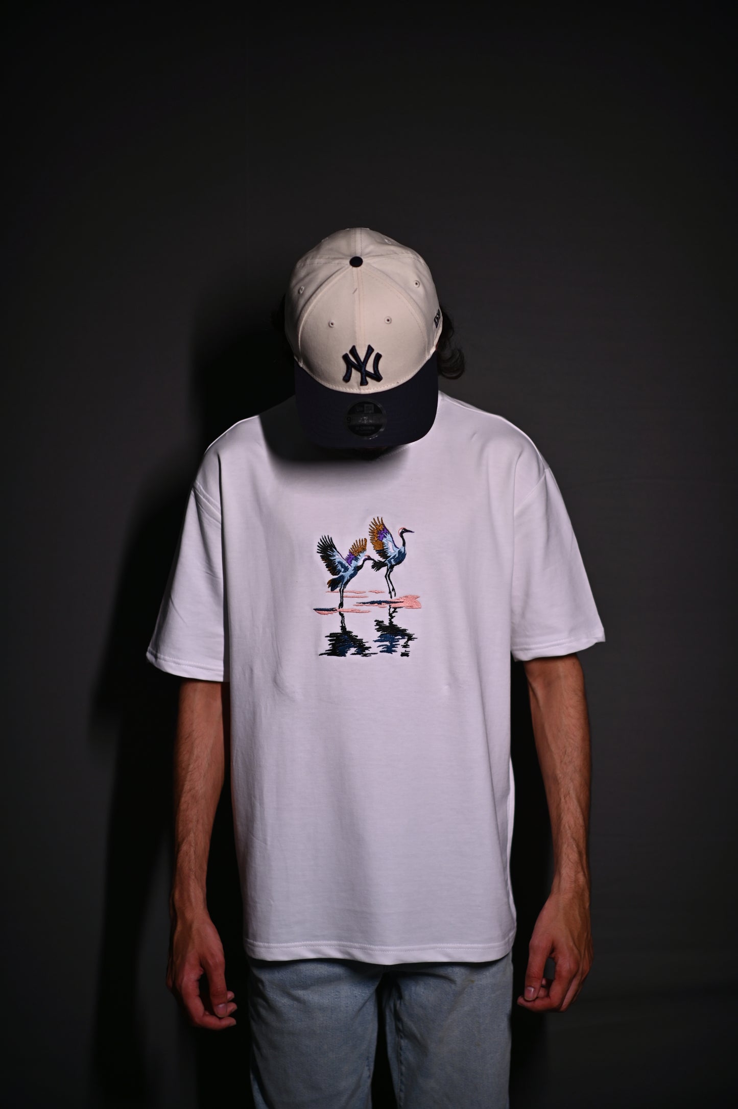 CRANES OVERSIZED EMBROIDERY WHITE TSHIRT