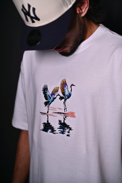 CRANES OVERSIZED EMBROIDERY WHITE TSHIRT