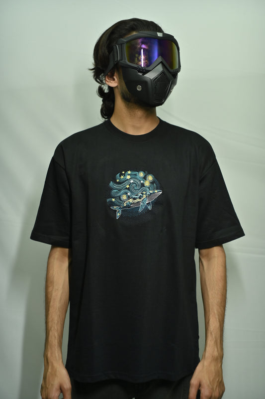 Whale embroidered black oversized t-shirt