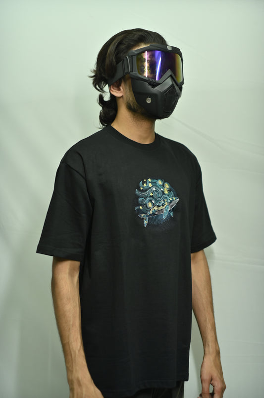 Whale embroidered black oversized t-shirt