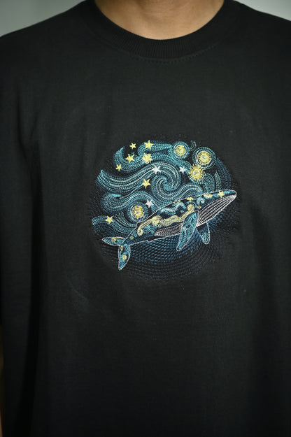 Whale embroidered black oversized t-shirt